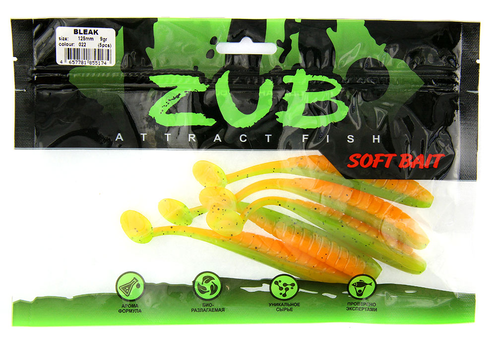 Приманка ZUB-BLEAK 125мм(4,8")-5шт, (цвет 022) зеленый верх -оранжевый низ